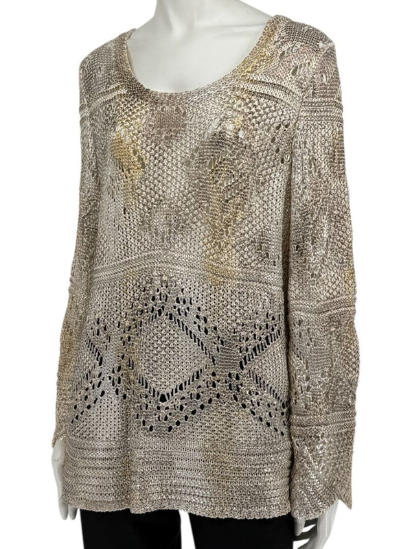 Oscar de la Renta Metallic-Accented Open-Knit Sweater – Size XL
