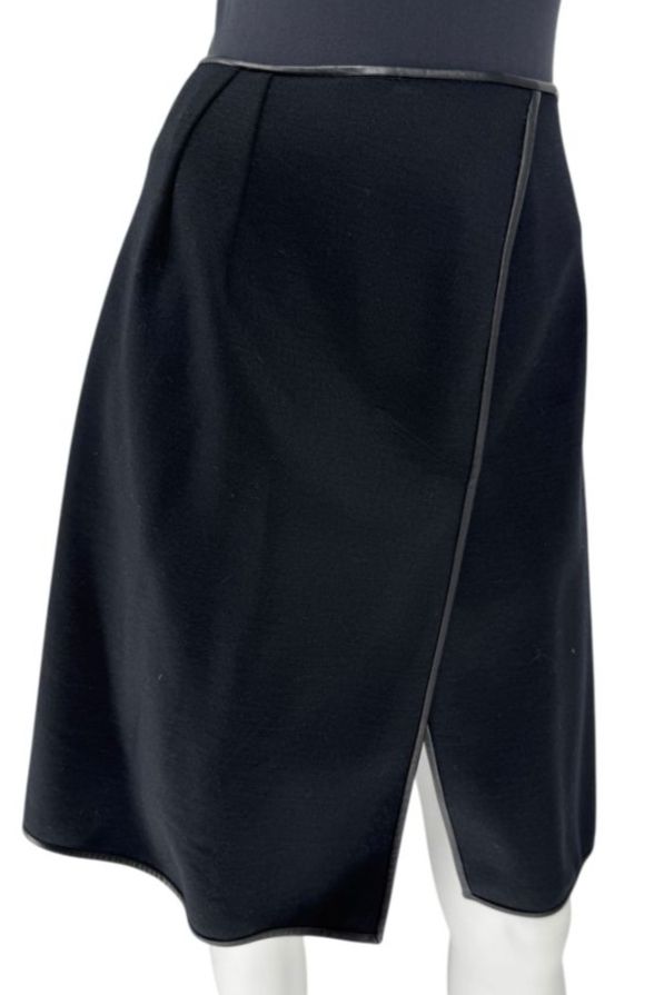 Douglas Hannant Black Wool Wrap-Style Skirt with Nappa Leather Trim – Size 14