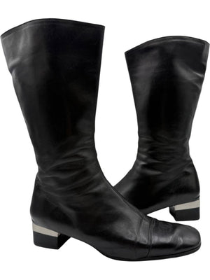 Chanel Black Leather Mid-Calf Boots with CC Cap Toe & Silver Heel Logo – Size 40 (US 10)
