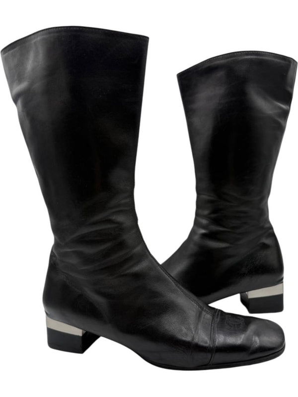 Chanel Black Leather Mid-Calf Boots with CC Cap Toe & Silver Heel Logo – Size 40 (US 10)