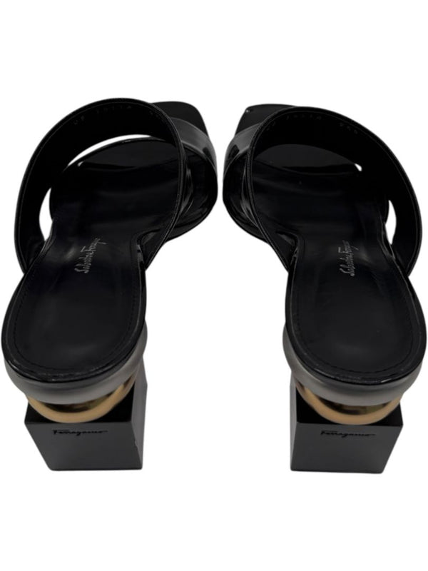 Salvatore Ferragamo Black Patent Block Heel Mules - Size 8.5