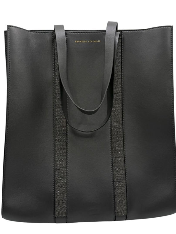 Brunello Cucinelli Graphite Gray Leather Tote with Monili Bead Trim