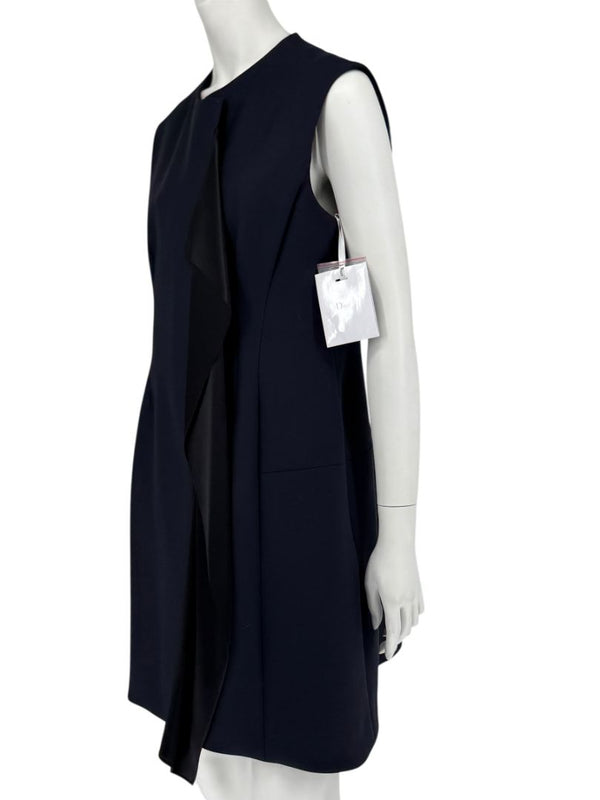 CHRISTIAN DIOR Navy Wool-Silk Dress with Draped Overlay – NWT –  Size 12