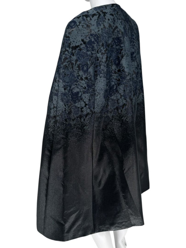 Pamella Roland Black/Blue Ombre Brocade Dress Cape Floral Motif