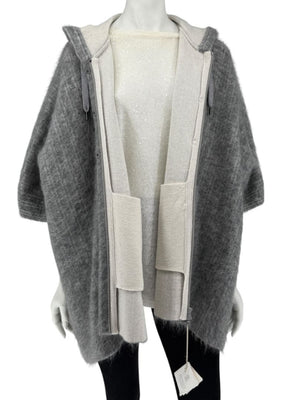 Brunello Cucinelli Grey Mohair-Cashmere Hooded Cape Jacket – Size XS