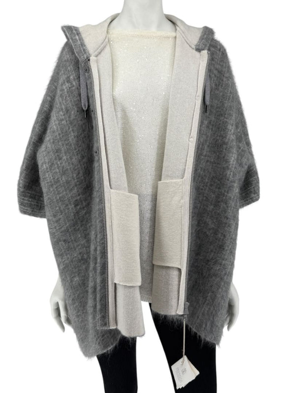 Brunello Cucinelli Grey Mohair-Cashmere Hooded Cape Jacket – Size XS