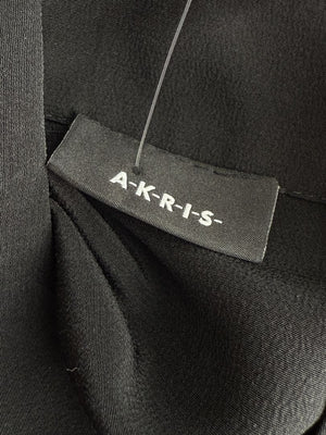 Akris Black Mulberry Silk Blouse with Sheer Striped Sleeves – Size 10