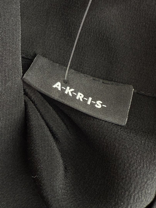 Akris Black Mulberry Silk Blouse with Sheer Striped Sleeves – Size 10