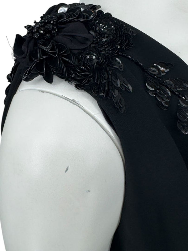 Pamella Roland Black Embellished One-Shoulder Cocktail Dress with Chiffon Drape – Large