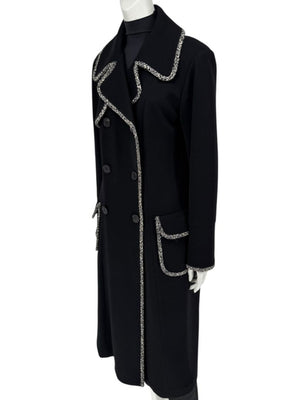 Lida Baday Black Wool Long Coat with Metallic Braid Trim – Size 12