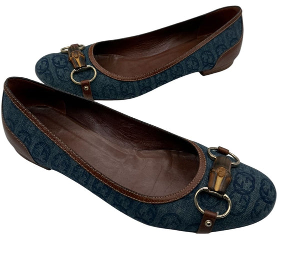 Gucci Blue GG Denim Bamboo Horsebit Ballet Flats – Size 11B