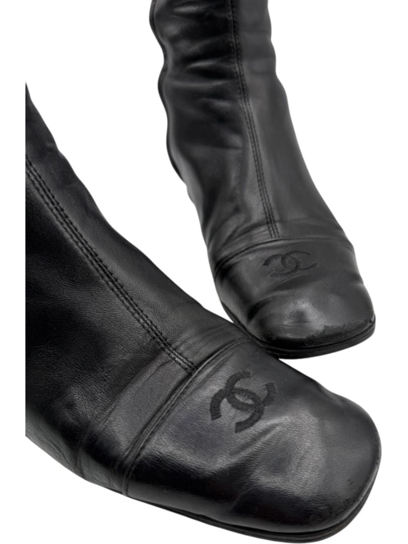 Chanel Black Leather Mid-Calf Boots with CC Cap Toe & Silver Heel Logo – Size 40 (US 10)