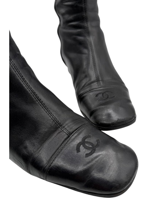 Chanel Black Leather Mid-Calf Boots with CC Cap Toe & Silver Heel Logo – Size 40 (US 10)