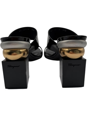 Salvatore Ferragamo Black Patent Block Heel Mules - Size 8.5