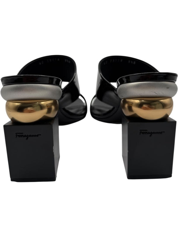 Salvatore Ferragamo Black Patent Block Heel Mules - Size 8.5