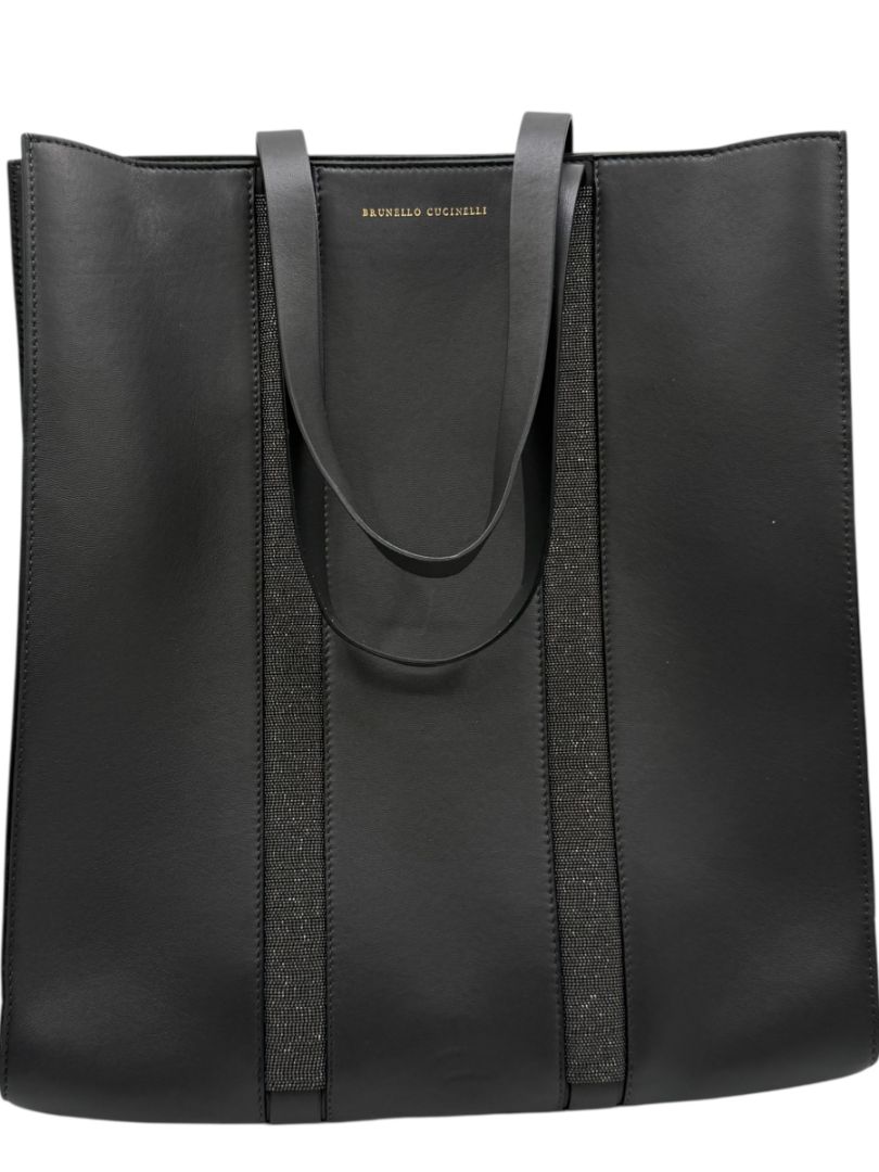 Brunello Cucinelli Graphite Gray Leather Tote with Monili Bead Trim