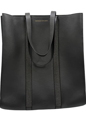 Brunello Cucinelli Graphite Gray Leather Tote with Monili Bead Trim
