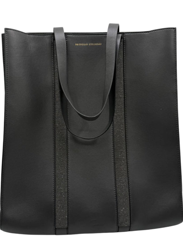 Brunello Cucinelli Graphite Gray Leather Tote with Monili Bead Trim