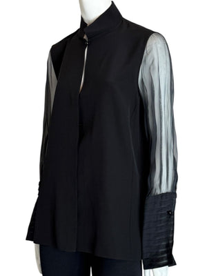Akris Black Mulberry Silk Blouse with Sheer Striped Sleeves – Size 10