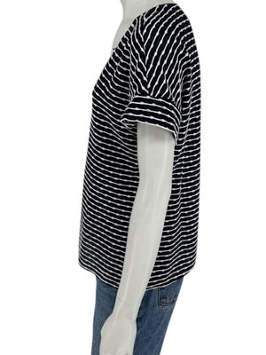 Armani Collezioni Made in Italy Navy & White Textured Stripe V-Neck Top – Size 12