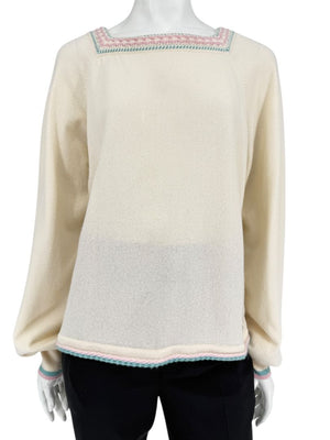 Chanel Ivory Cashmere Sweater with Pastel Pink & Blue Trim – Size 44