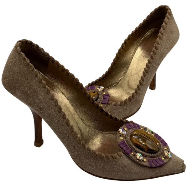 Prada Embellished Suede Peep-Toe Heels – Size 36 – Good Preowned Condition