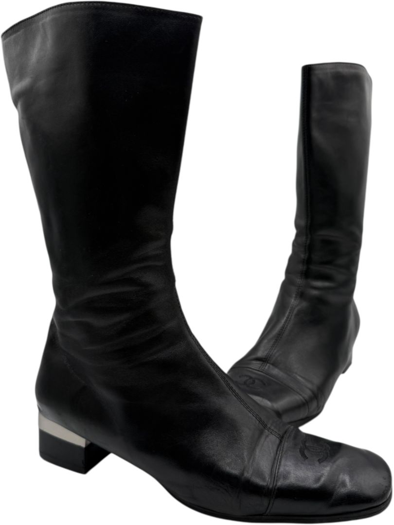 Chanel Black Leather Mid-Calf Boots with CC Cap Toe & Silver Heel Logo – Size 40 (US 10)