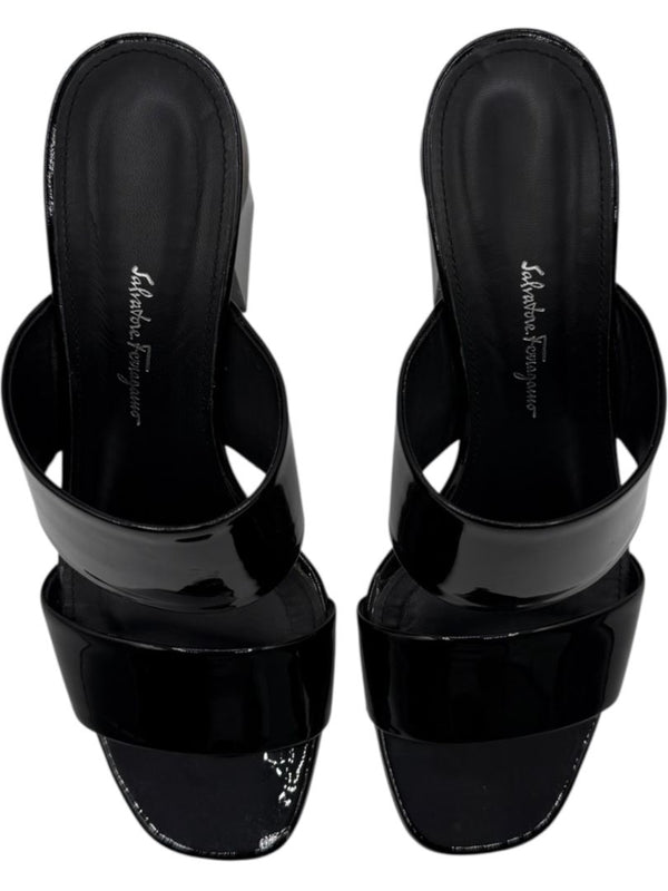 Salvatore Ferragamo Black Patent Block Heel Mules - Size 8.5