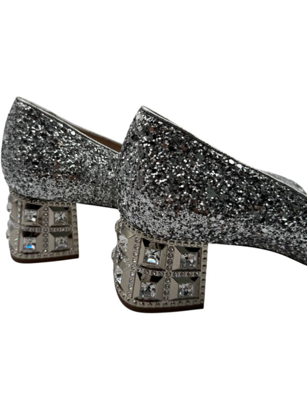 Miu Miu Silver Glitter Block Heel Pumps - Size 39