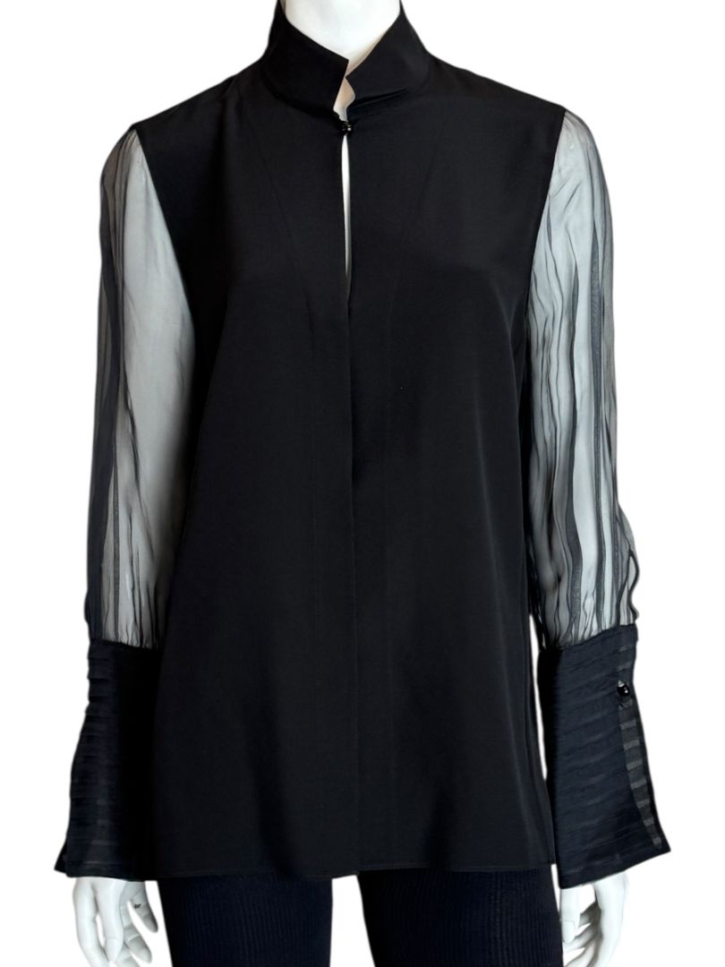 Akris Black Mulberry Silk Blouse with Sheer Striped Sleeves – Size 10