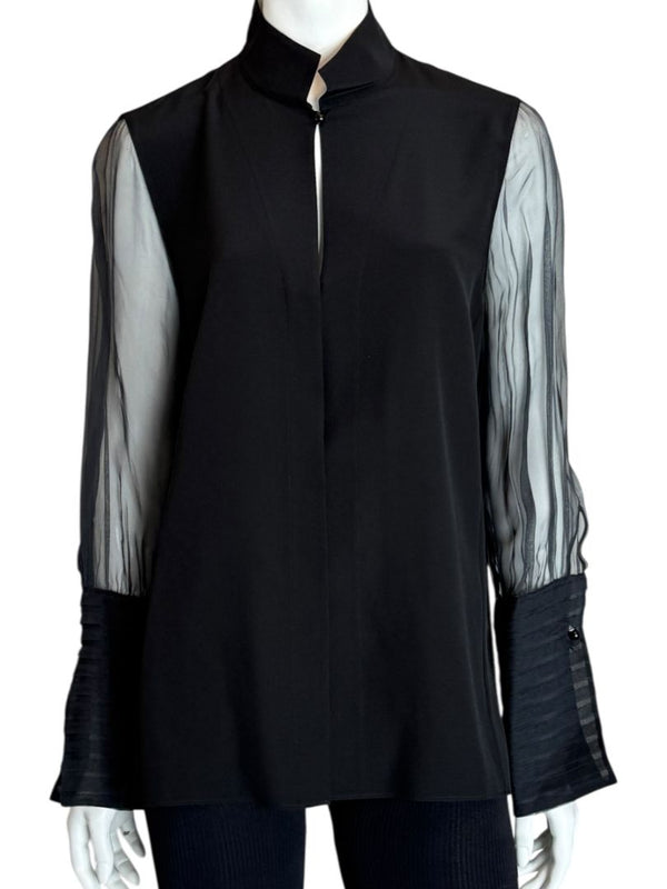 Akris Black Mulberry Silk Blouse with Sheer Striped Sleeves – Size 10