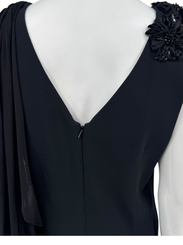 Pamella Roland Black Embellished One-Shoulder Cocktail Dress with Chiffon Drape – Large