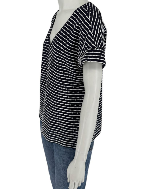 Armani Collezioni Made in Italy Navy & White Textured Stripe V-Neck Top – Size 12