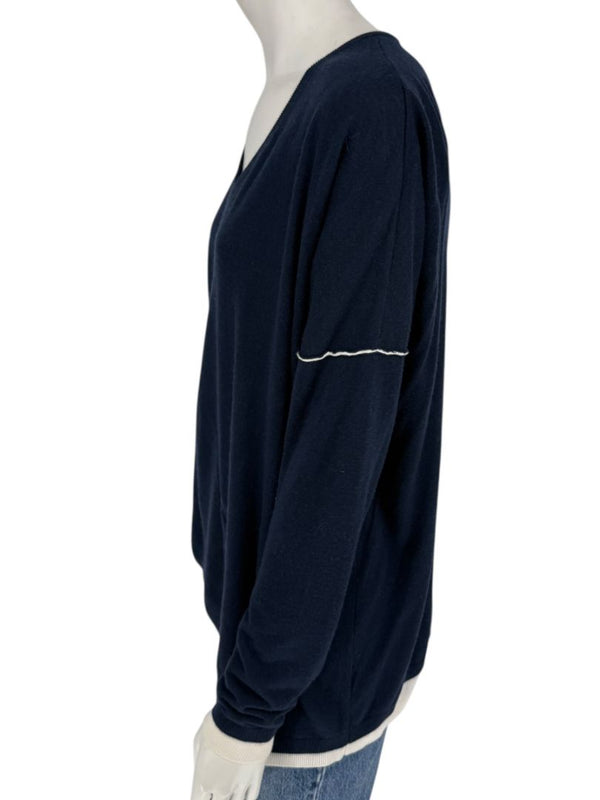 Kokun Navy Blue Bamboo Cashmere V-Neck Sweater – Size XL