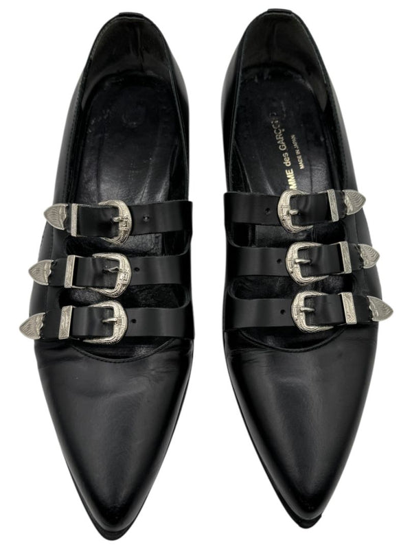 Comme des Garçons Black Triple-Buckle Leather Flats – Japanese Size 25