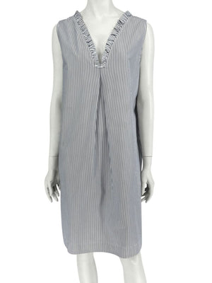 Lafayette 148 New York Navy & White Striped Sleeveless Shift Dress with Pockets – Size XL