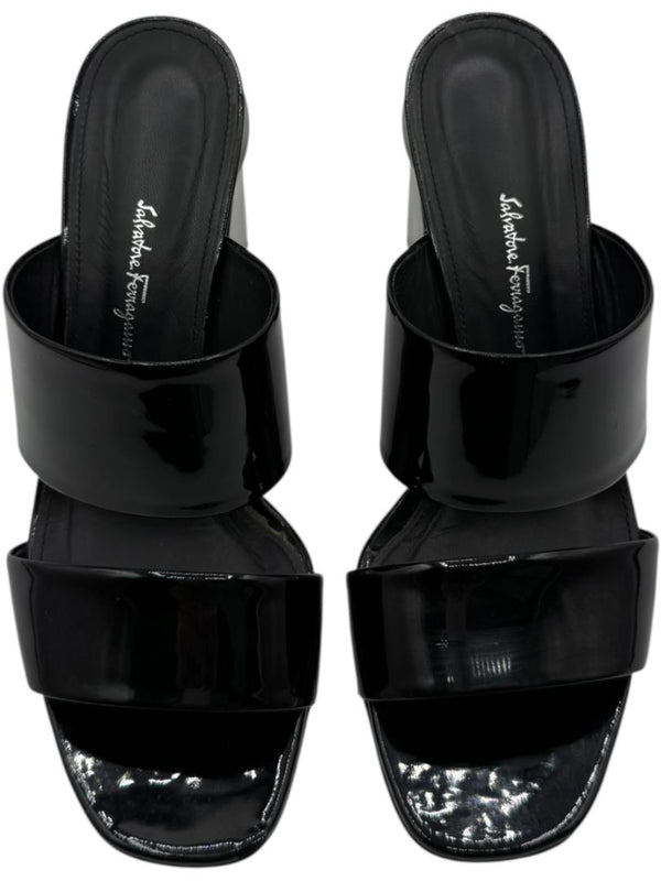 Salvatore Ferragamo Black Patent Block Heel Mules - Size 8.5