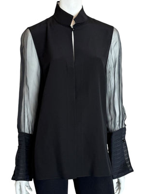 Akris Black Mulberry Silk Blouse with Sheer Striped Sleeves – Size 10
