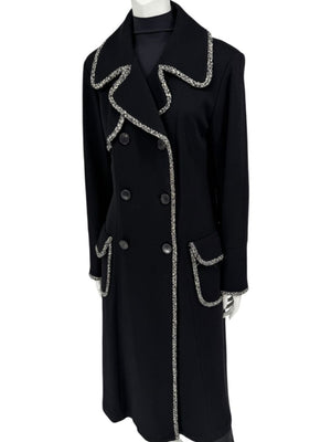 Lida Baday Black Wool Long Coat with Metallic Braid Trim – Size 12