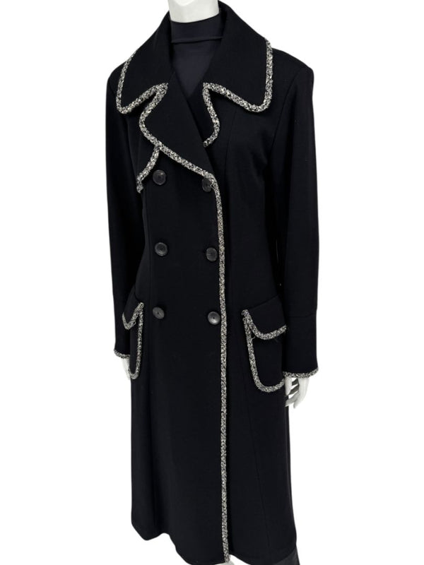 Lida Baday Black Wool Long Coat with Metallic Braid Trim – Size 12