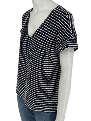 Armani Collezioni Made in Italy Navy & White Textured Stripe V-Neck Top – Size 12
