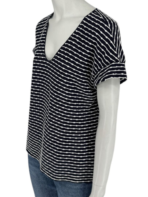 Armani Collezioni Made in Italy Navy & White Textured Stripe V-Neck Top – Size 12