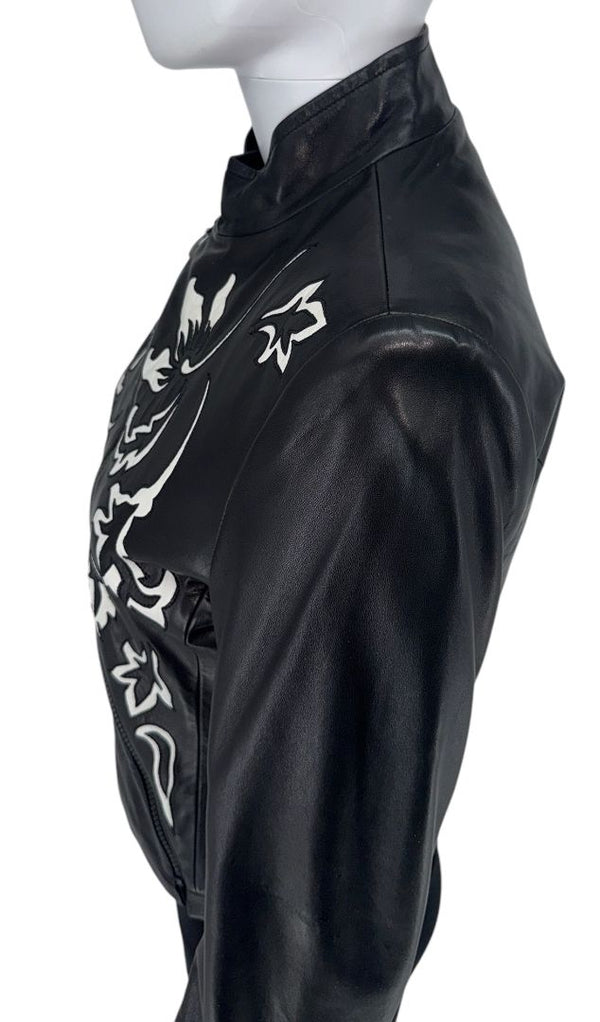 Giorgio Armani Black Lambskin Leather Floral Jacket – Size 40 (IT)