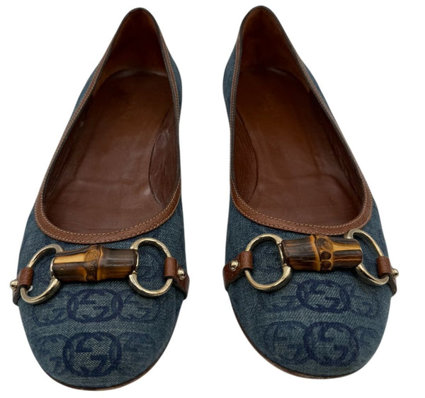 Gucci Blue GG Denim Bamboo Horsebit Ballet Flats – Size 11B