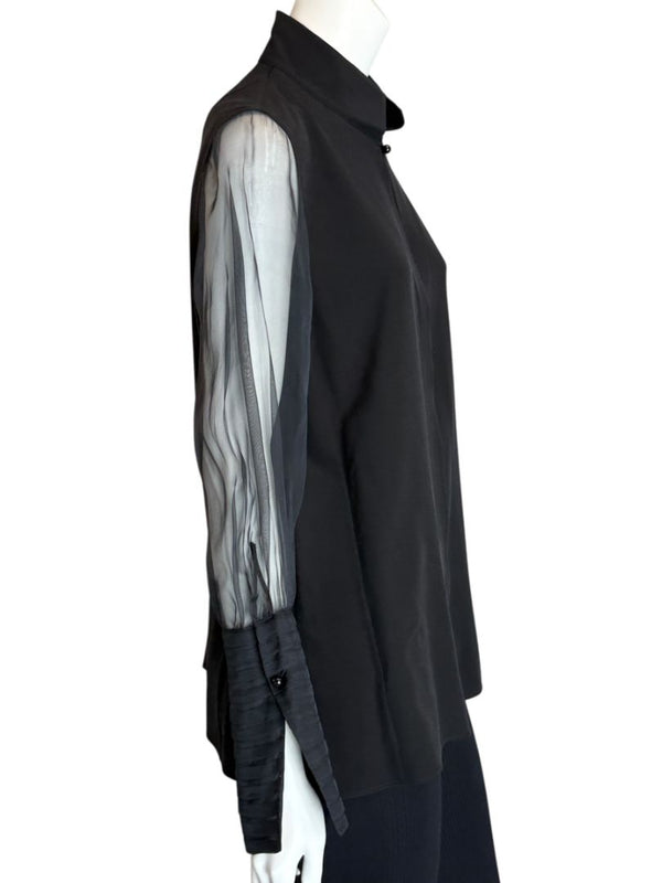 Akris Black Mulberry Silk Blouse with Sheer Striped Sleeves – Size 10