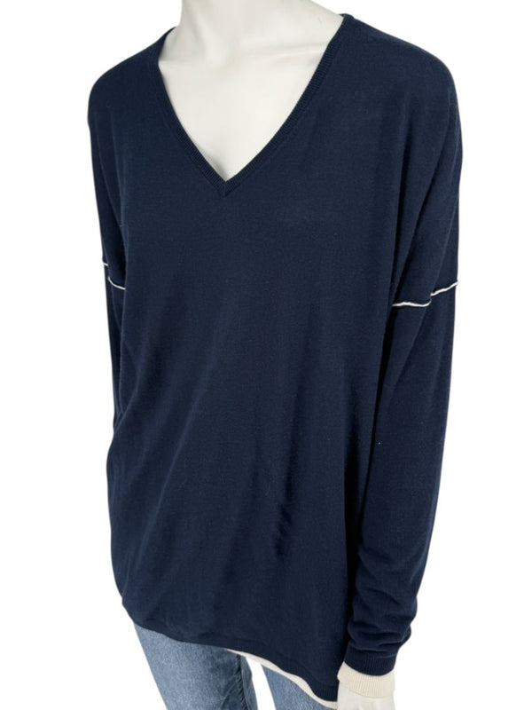 Kokun Navy Blue Bamboo Cashmere V-Neck Sweater – Size XL