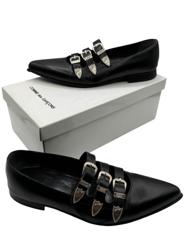 Comme des Garçons Black Triple-Buckle Leather Flats – Japanese Size 25
