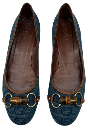 Gucci Blue GG Denim Bamboo Horsebit Ballet Flats – Size 11B