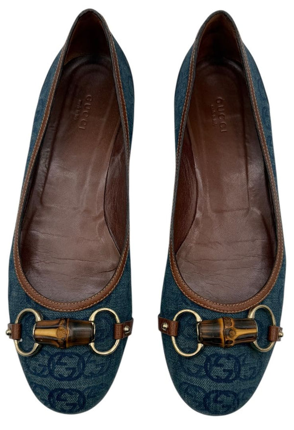 Gucci Blue GG Denim Bamboo Horsebit Ballet Flats – Size 11B