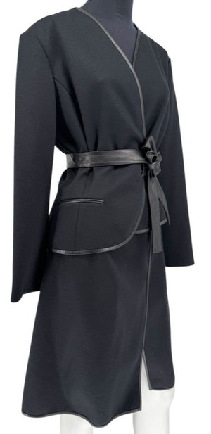 Douglas Hannant Black Wool Wrap Jacket with Nappa Leather Trim – Size 14